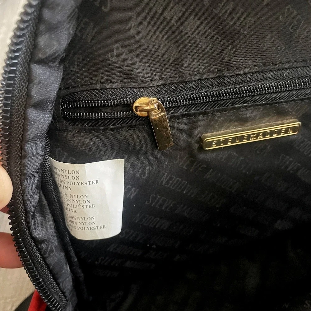 Steve Madden Red Nylon Mini Backpack Logo Webbing Straps Gold Hardware